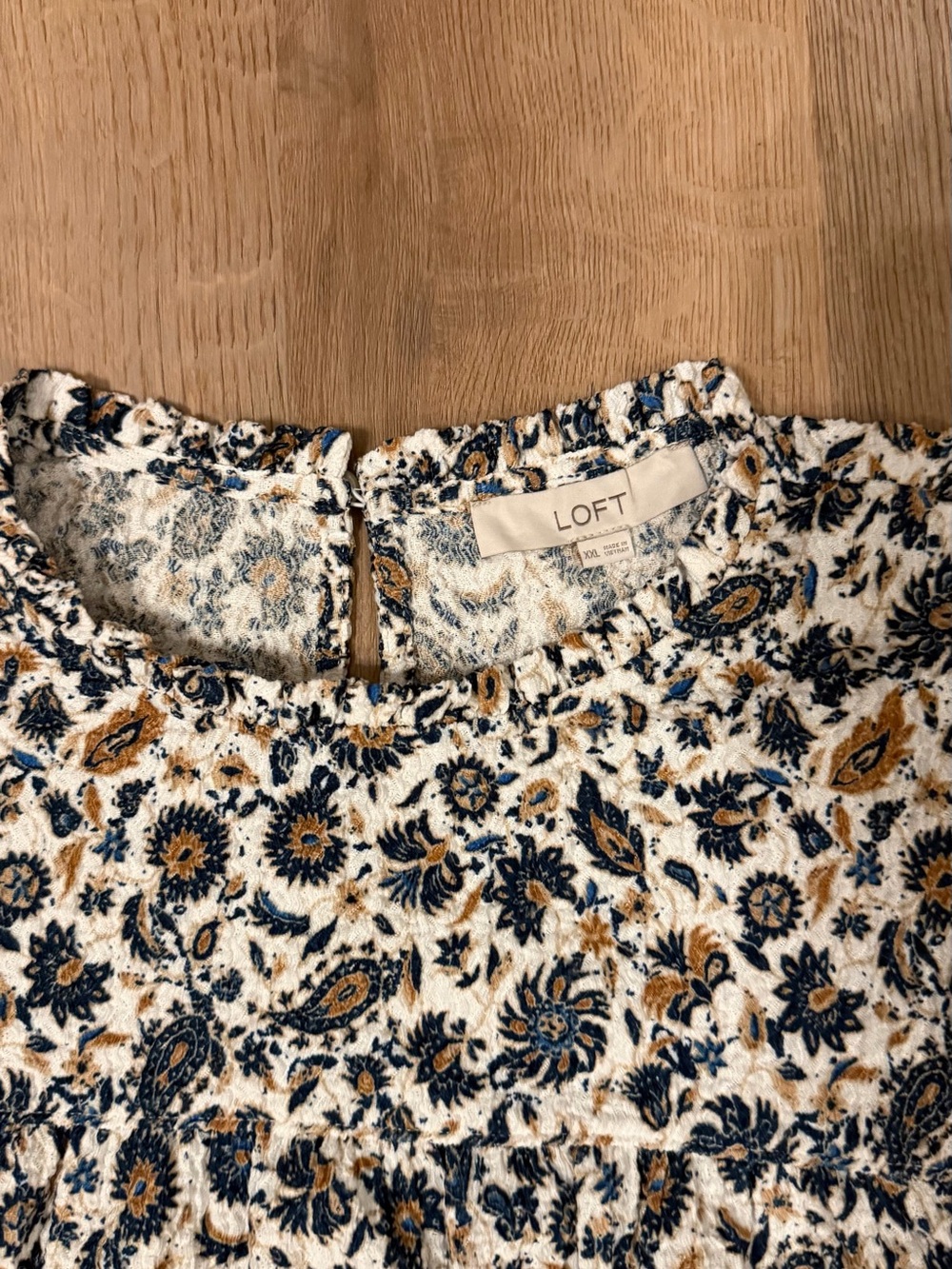 LOFT Floral Paisley Peasant Blouse Cream Blue Short Sleeve XXL
